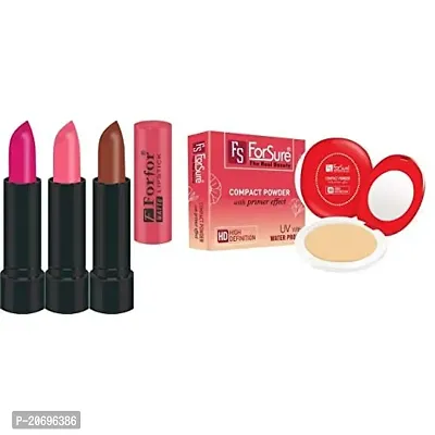 ForSure Compact Powder with Primer Effect and Pack of 3 Forfor Matte Lipstick (Pack Of 3)