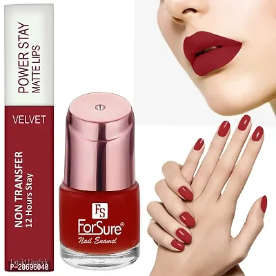 ForSure? Liquid Matte Lipstick Waterproof Power Stay Lipstick  Nail Polish combo (Party Red , Deep Red)-thumb0