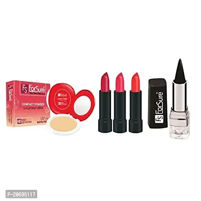 ForSure Compact Powder with Primer Effect, Kajal and Pack of 3 Forfor Matte Lipstick (Colour - Orange, Red, Pink)