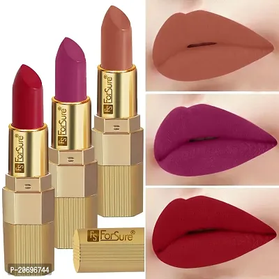 ForSure? Xpression Lipsick Long Lasting Matte Finish Combo of 3 Colors Lipstick for Women Suitable All Tones 3.5gm Each (Nude Matte-Red Velvet-Magenta)-thumb0