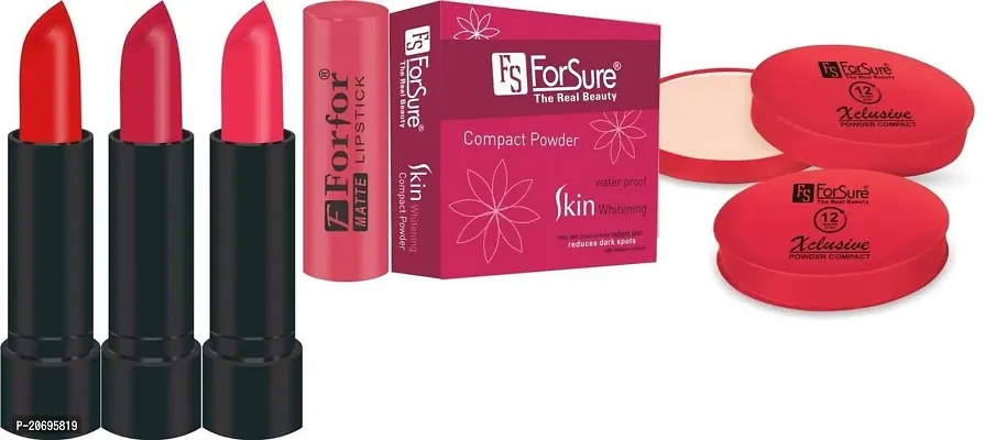 ForSure Compact Powder Xclusive 12 Hour Stay and Pack of 3 Forfor Matte Lipstick (Pack Of 15)