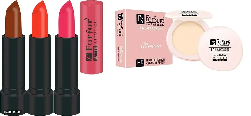 ForSure Compact Powder with Primer Effect and Pack of 3 Forfor Matte Lipstick (Pack Of 7)