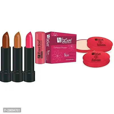 ForSure Compact Powder Xclusive 12 Hour Stay and Forfor Pack of 3 Matte Lipstick (Colour - Light Pink, Cream Brown, Chocolate Brown)