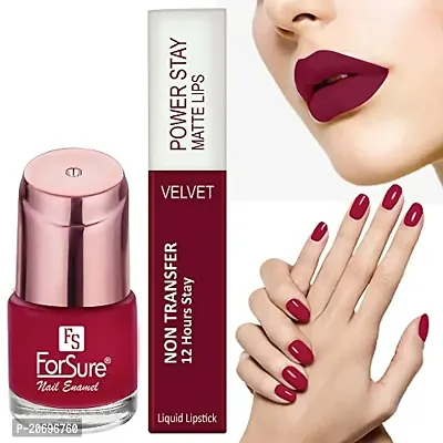 ForSurereg; Liquid Matte Lipstick Waterproof Power Stay Lipstick  Nail Polish combo (Red ,Cherry Maroon)