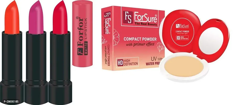 ForSure Compact Powder with Primer Effect and Pack of 3 Forfor Matte Lipstick (Pack Of 9)