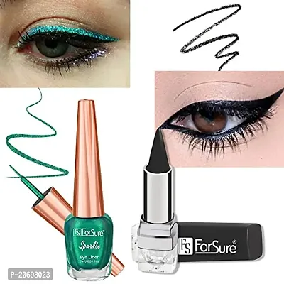 ForSurereg; Absolute Shine Liquid Glitter Eyeliner  Kajal Combo Intense Color, Long Lasting, Glossy Texture Smudge Proof (Green  Black)