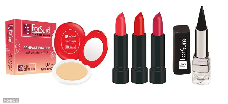 ForSure Compact Powder with Primer Effect, Kajal and Pack of 3 Forfor Matte Lipstick (Colour - Beige, Baby Red, Red)