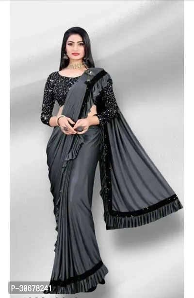 Stylish Lycra Grey Solid Saree with Blouse piece For Women