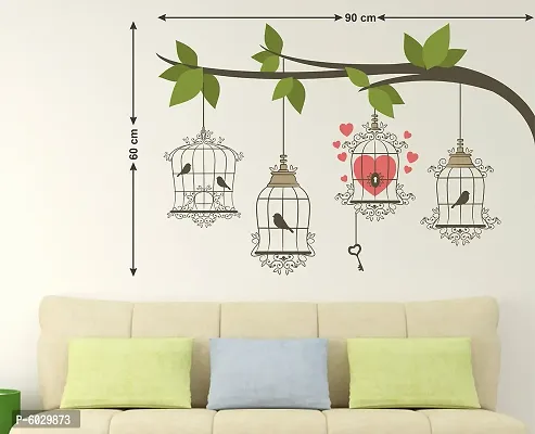 Attractive Birds In Cage Hanging In Tree Wall Sticker