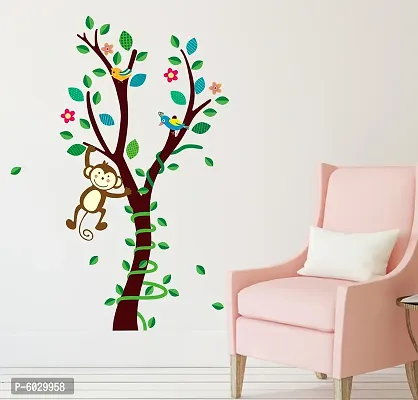 Attractive Nature Tree With Birds And Monkey Wall Sticker