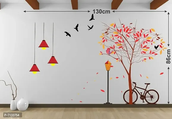 LANSTICK STREET VIEW WITH TREE CYCLE STREET LAMP BIRDS STICKER Extra Large Self Adhesive Sticker (Pack of 1)