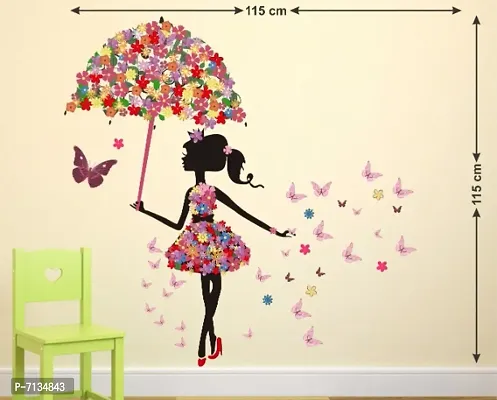 GIRL WITH UMBRELLA COLORFUL BUTTERFLIES STICKER Extra Large Self Adhesive Sticker (Pack of 1)-thumb0