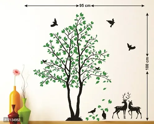 LANSTICK TREE WITH DESIGNED COLORFUL LEAVES AND BIRDS DEARS STICKER Extra Large Self Adhesive Sticker (Pack of 1)