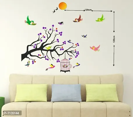 CAGE HANGING IN WITH COLORFUL BIRDS IN A TREE STICKER Extra Large Self Adhesive Sticker (Pack of 1)