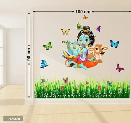 LORD KRISHNA WITH FLUTE COW AND BUTTERFLIES STICKER Extra Large Self Adhesive Sticker (Pack of 1)