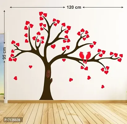 TREE WITH RED HEART INSTEAD OF LEAVES WITH BIRDS STICKER Extra Large Self Adhesive Sticker (Pack of 1)