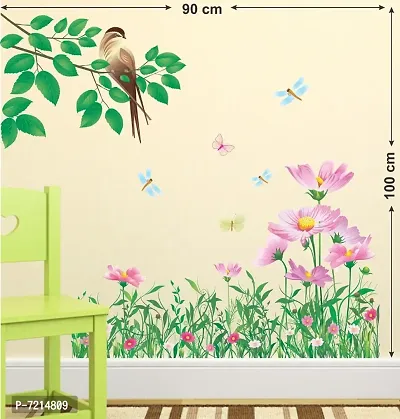 BEAUTIFUL GARDEN STICKER SET WITH FLOWERS AND BUTTERFLIES BIRDS STICKER Extra Large Self Adhesive Sticker (Pack of 1)