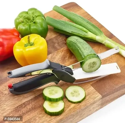 2-in-1 Steel Smart Clever Cutter Kitchen Knife Food Chopper and in Built Mini Chopping Board with Locking Hinge; with Spring Action-thumb0