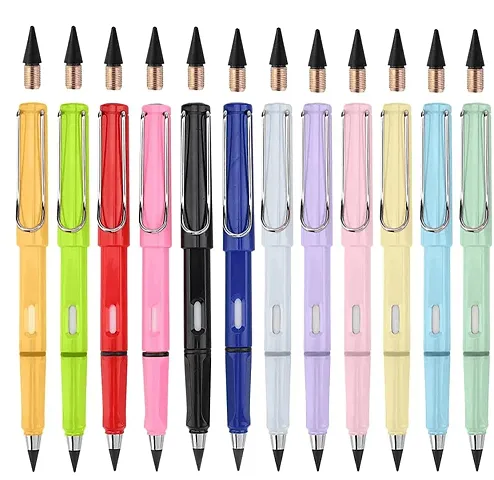 12Pcs Everlasting Reusable Pencil Inkless Pencils Eternal Portable Erasable Metal Writing Pens Infinite Replaceable Graphite Nib
