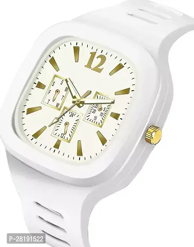 Fashionable Square white Dial Designer Stylish Rubber Belt Strap Analog Watch for Mens  Boys.-thumb2