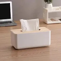 CLOUDTAIL CHOICE Multi Function Tissue Storage Box with Square Shape Wooden Cover Plastic Tissue Box Holder | Paper Napkin Holder Case | Tissue Holder Dispenser Organizer for Car Decor Home Room Hotel-thumb3