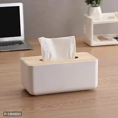 CLOUDTAIL CHOICE Multi Function Tissue Storage Box with Square Shape Wooden Cover Plastic Tissue Box Holder | Paper Napkin Holder Case | Tissue Holder Dispenser Organizer for Car Decor Home Room Hotel-thumb4