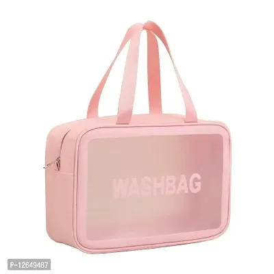 Clear Travel Toiletries Bag Waterproof Cosmetic Makeup Wash Bags PVC Portable Organiser Case Carry Pouch for Women Business Bathroom,Pink& Black (Large) (Pink)-thumb0