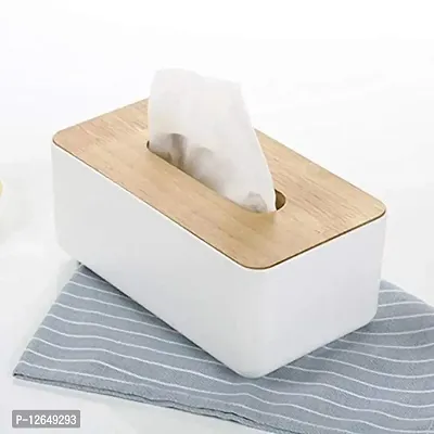 CLOUDTAIL CHOICE Multi Function Tissue Storage Box with Square Shape Wooden Cover Plastic Tissue Box Holder | Paper Napkin Holder Case | Tissue Holder Dispenser Organizer for Car Decor Home Room Hotel-thumb3