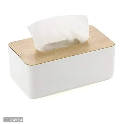 CLOUDTAIL CHOICE Multi Function Tissue Storage Box with Square Shape Wooden Cover Plastic Tissue Box Holder | Paper Napkin Holder Case | Tissue Holder Dispenser Organizer for Car Decor Home Room Hotel-thumb0