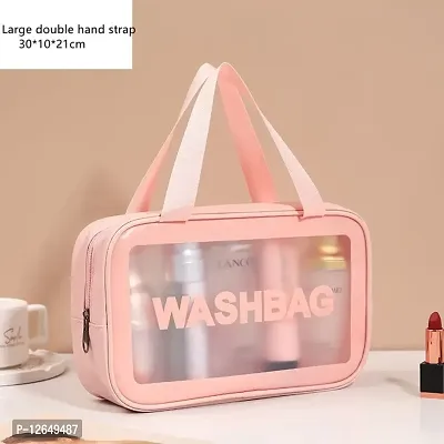 Clear Travel Toiletries Bag Waterproof Cosmetic Makeup Wash Bags PVC Portable Organiser Case Carry Pouch for Women Business Bathroom,Pink& Black (Large) (Pink)-thumb3