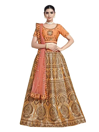 Odette Women's Pink Chinon Silk Semi Stitched Lehenga with Unstitched