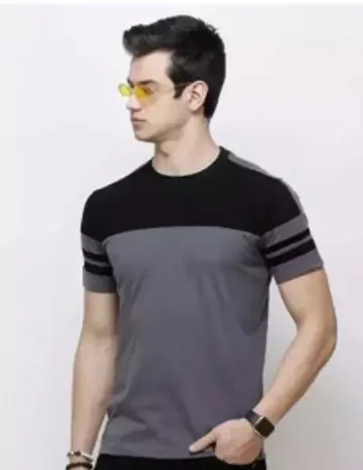 Men Colorblock Round Neck Blend T-Shirt (XX-Large, Black-Grey)