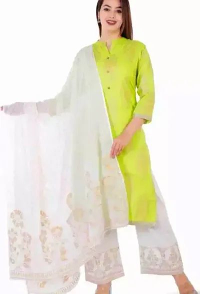 Stylish Rayon Kurta, Bottom And Dupatta Set For Women