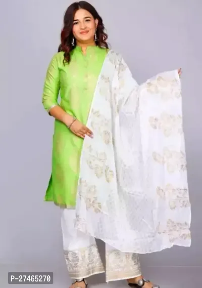 Stylish Green Rayon Solid Kurta, Bottom And Dupatta Set For Women