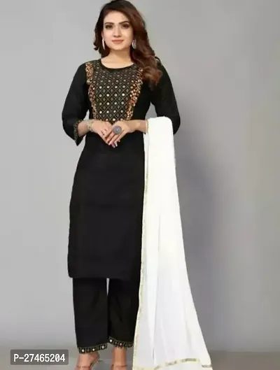 Stylish Black Rayon Solid Kurta, Bottom And Dupatta Set For Women-thumb0