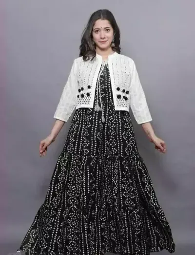 Stylish Cotton Bandhej Print Anarkali Kurti with Jacket