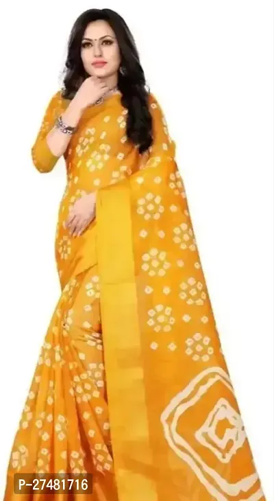 Stylish Cotton Blend Yellow Printed Saree With Blouse Piece-thumb0