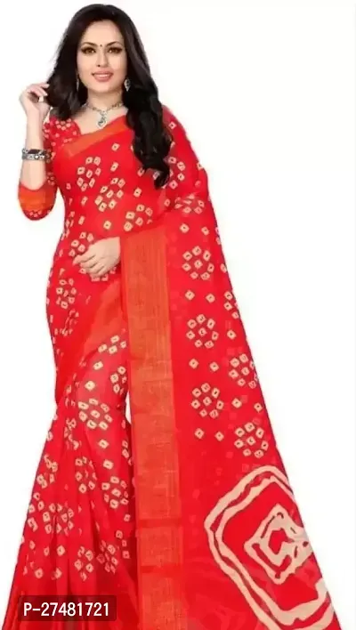 Stylish Cotton Blend Red Printed Saree With Blouse Piece-thumb0