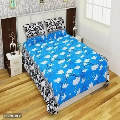 Stylish Blue Polycotton Printed One Double Bedsheet With 2 Pillowcovers-thumb0