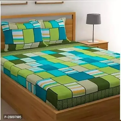 Stylish Green Polycotton Printed One Double Bedsheet With 2 Pillowcovers-thumb0