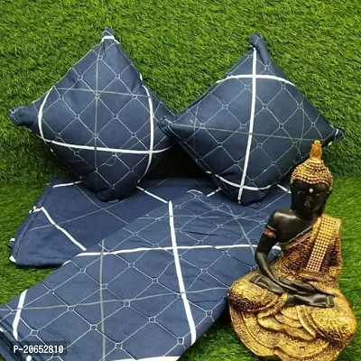 5Pcs Set Blue print Glace Cotton Printed Double Bedsheet with 2Pillow Covers and 2Cushion Covers-thumb0