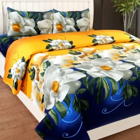 Cotton Villas 3D Printed Microfiber White Flower Bedsheet for Double Bed with 2 Pillow Cover Microfiber and Cotton Mix Color White (88 X 88 inch )