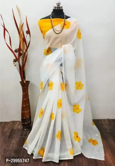 Elegant White Linen Printed Saree With Blouse Piece For Women-thumb0