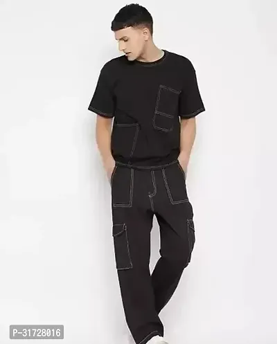 Stylish Black Denim Solid Cargos For Men