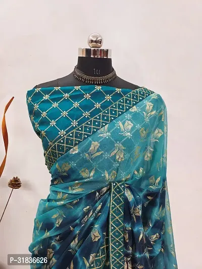 Elegant Blue Georgette Printed Saree With Blouse Piece For Women-thumb2