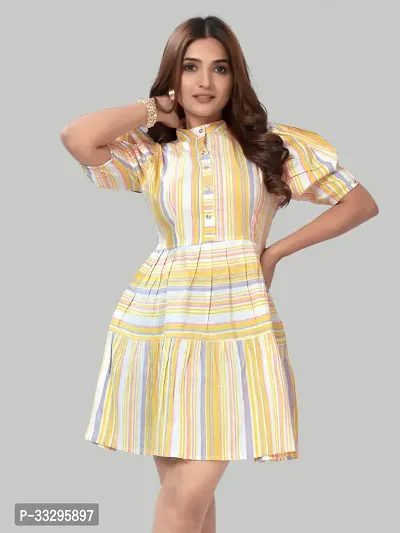 Stylish Yellow Cotton Blend Striped Fit And Flare Dress For Women-thumb5