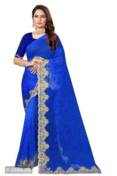 Stylish Blue Net Saree With Blouse Piece For Women-thumb0