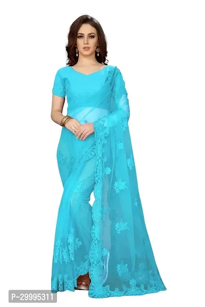 Stylish Sky Blue Net Saree With Blouse Piece For Women