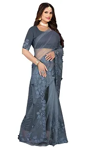 Stylish Grey Net Saree With Blouse Piece For Women-thumb1