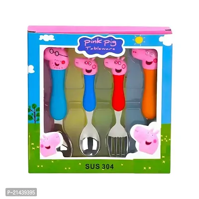 SARASI Pig Family Cartoon Character Theme Spoon Set Stainless Steel, Plastic Cutlery Set (Pack of 4)-thumb0